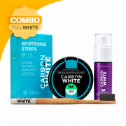 Combo Blanqueador | Tiras blanqueadoras orgánicas + V34 Menta corrector de color violeta + Carbón blanqueador activado vegetal +  Cepillo de bambú antibacterias
